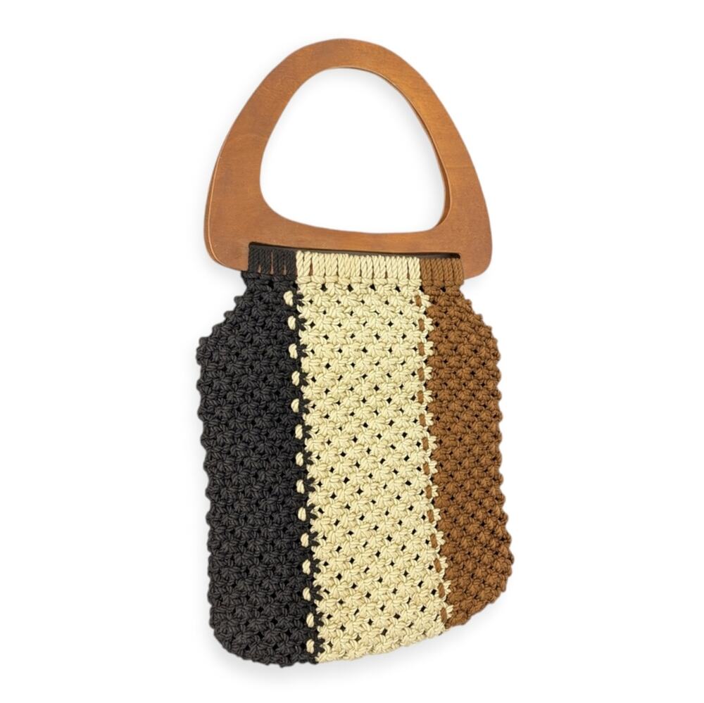 Vintage Hand Crafted Crochet Macrame Wooden Handle Tote